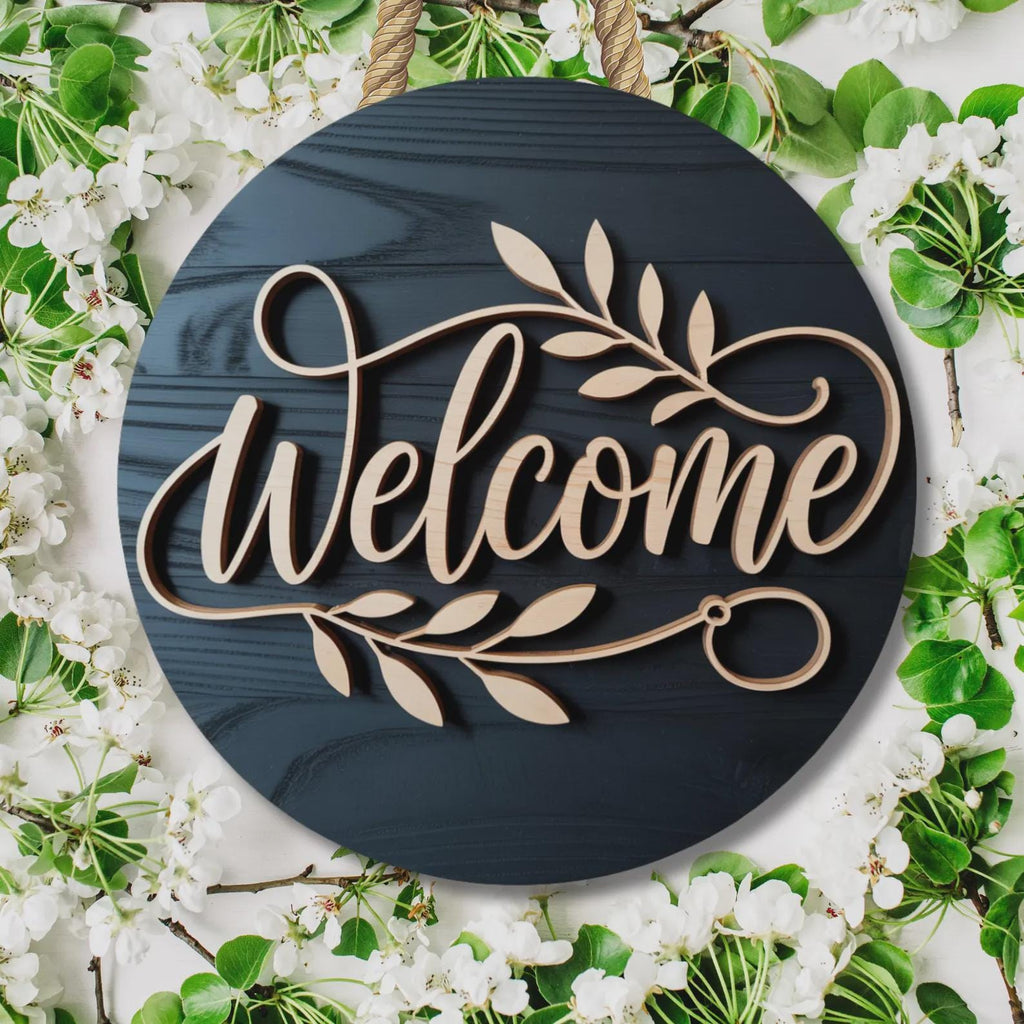 Personalized Laser Cut Wood Floral Welcome Door Sign | Farmhouse Entryway Decor