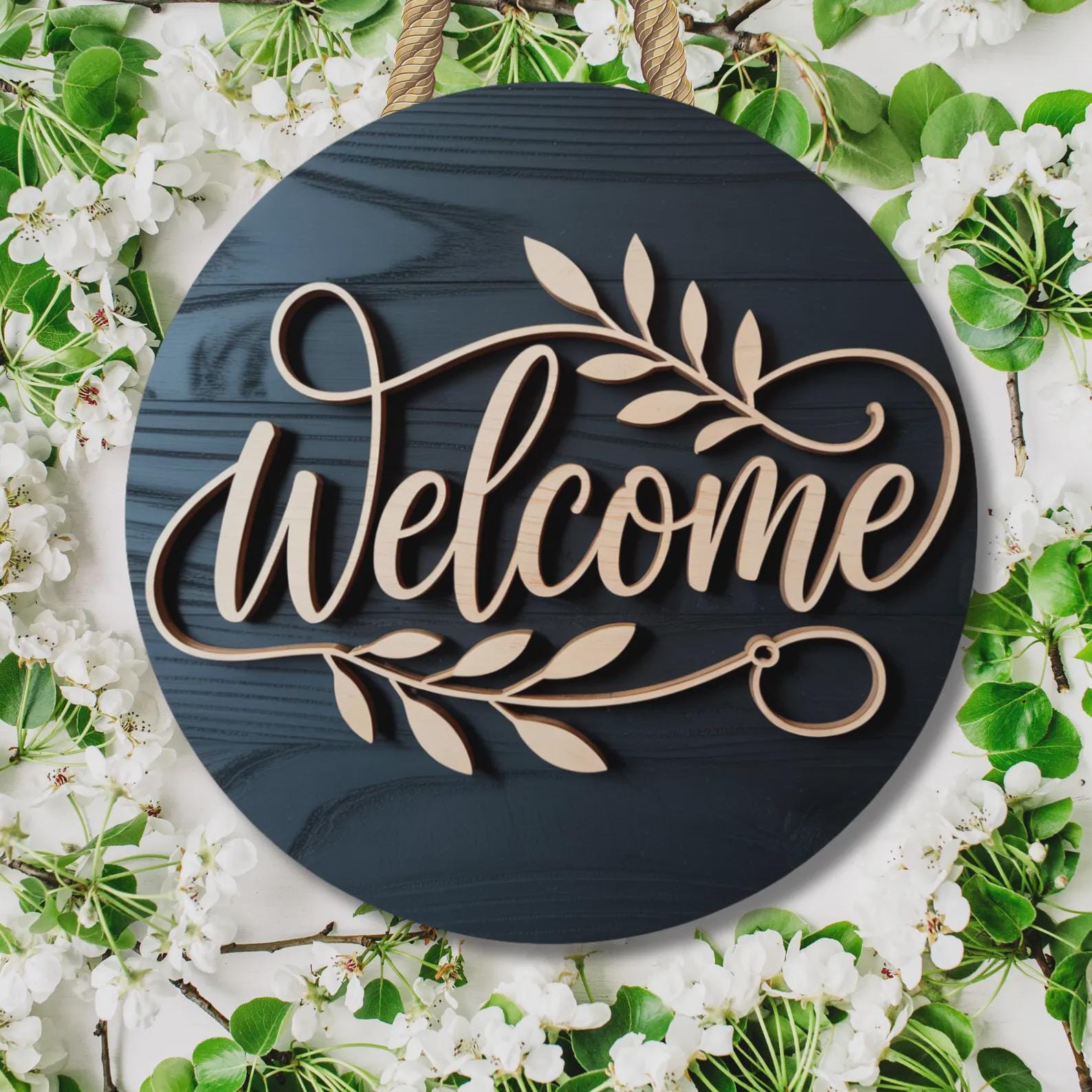 Personalized Laser Cut Wood Floral Welcome Door Sign | Farmhouse Entryway Decor