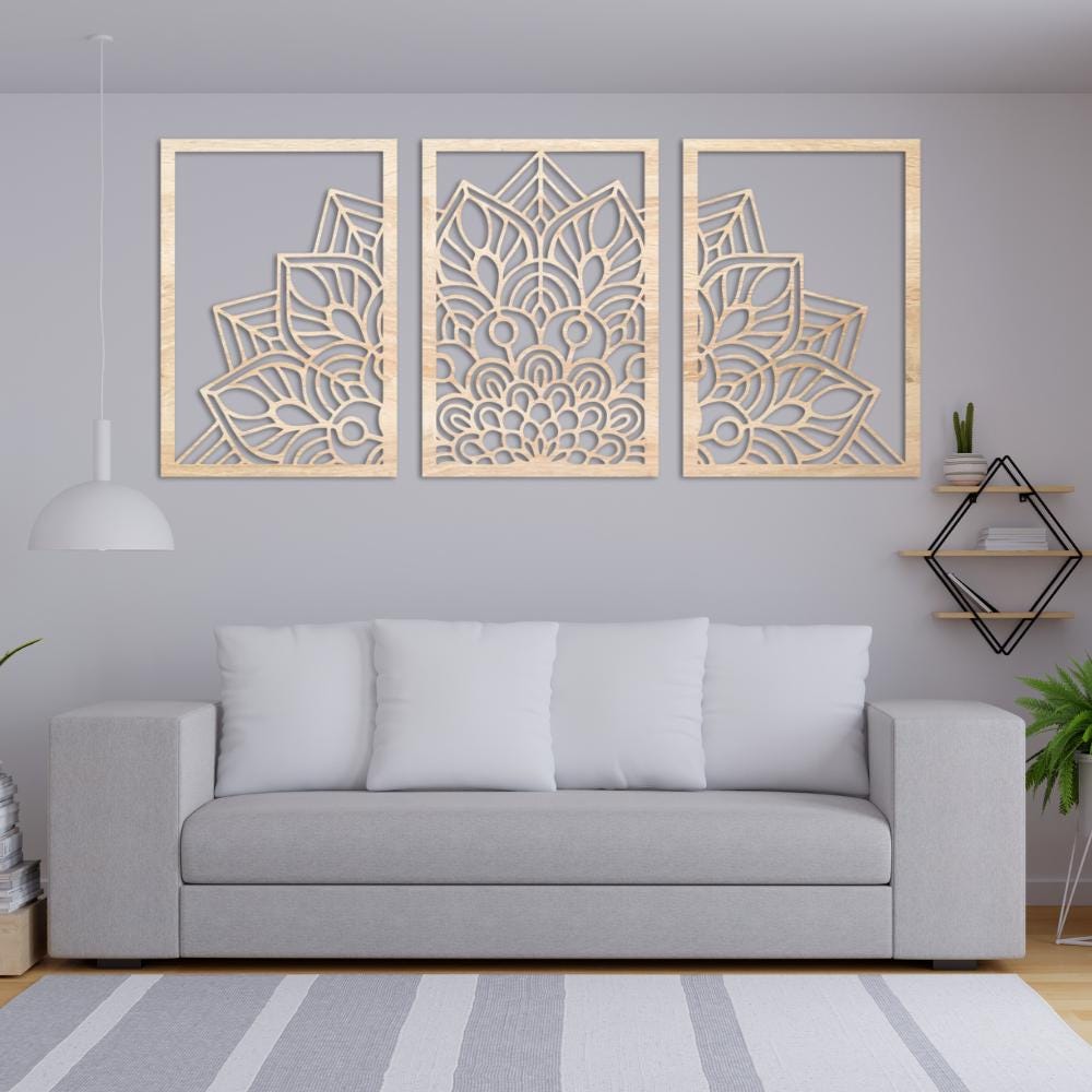 Set of 3 Floral Wood Wall Art Panels | Botanical Laser Cut Decor