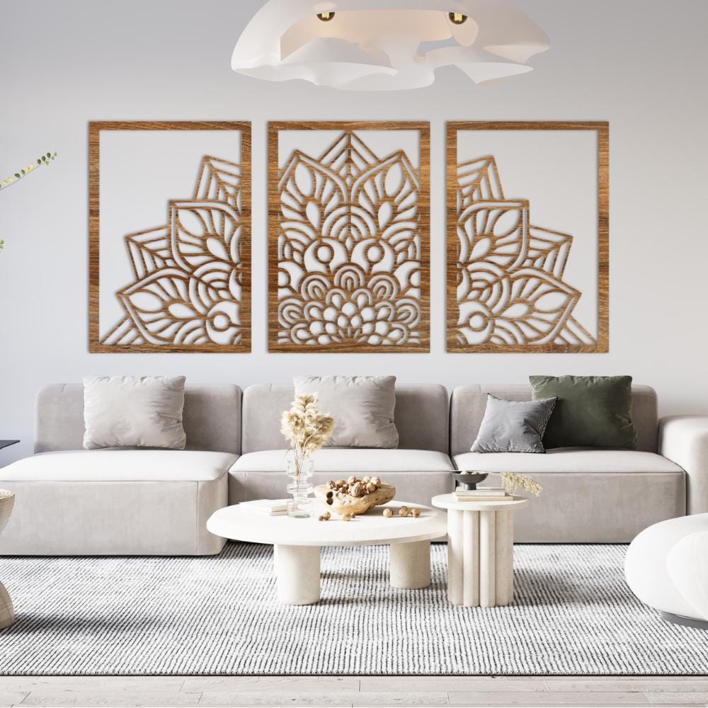 Set of 3 Floral Wood Wall Art Panels | Botanical Laser Cut Decor