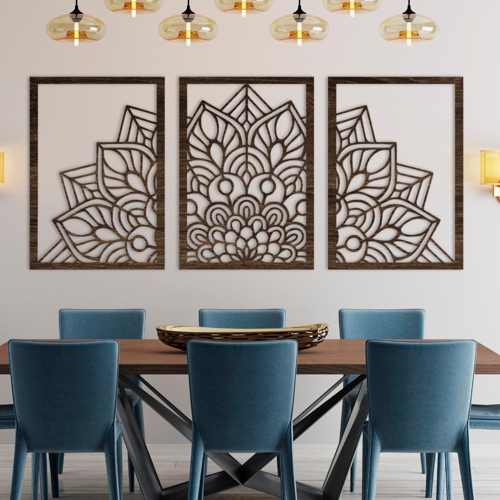 Set of 3 Floral Wood Wall Art Panels | Botanical Laser Cut Decor