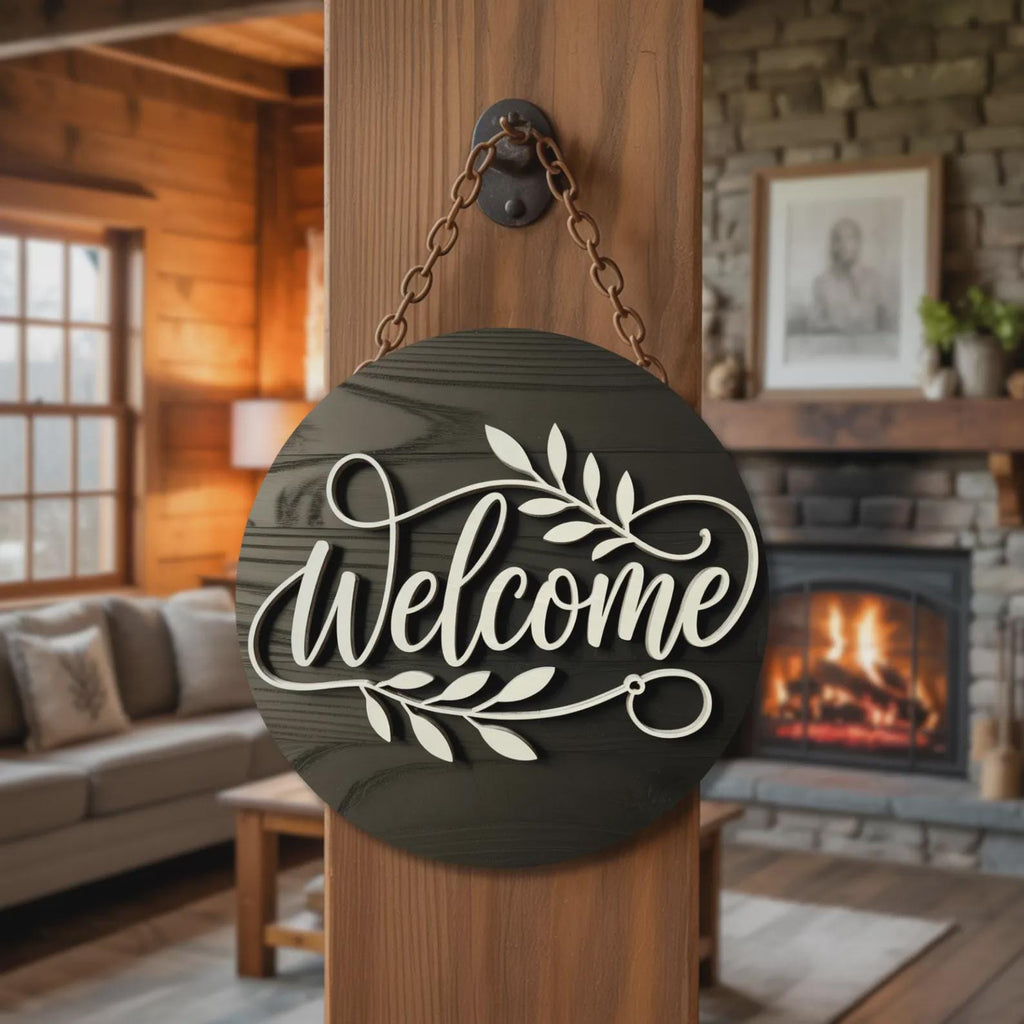 Personalized Laser Cut Wood Floral Welcome Door Sign | Farmhouse Entryway Decor