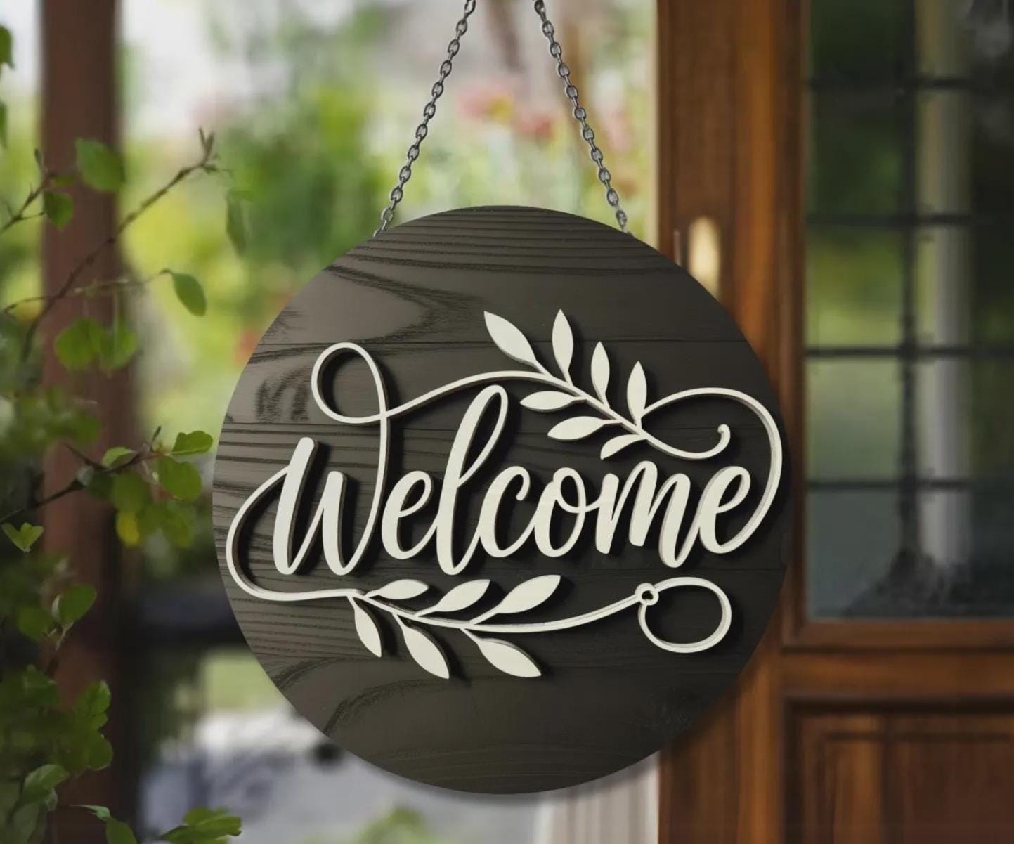 Personalized Laser Cut Wood Floral Welcome Door Sign | Farmhouse Entryway Decor