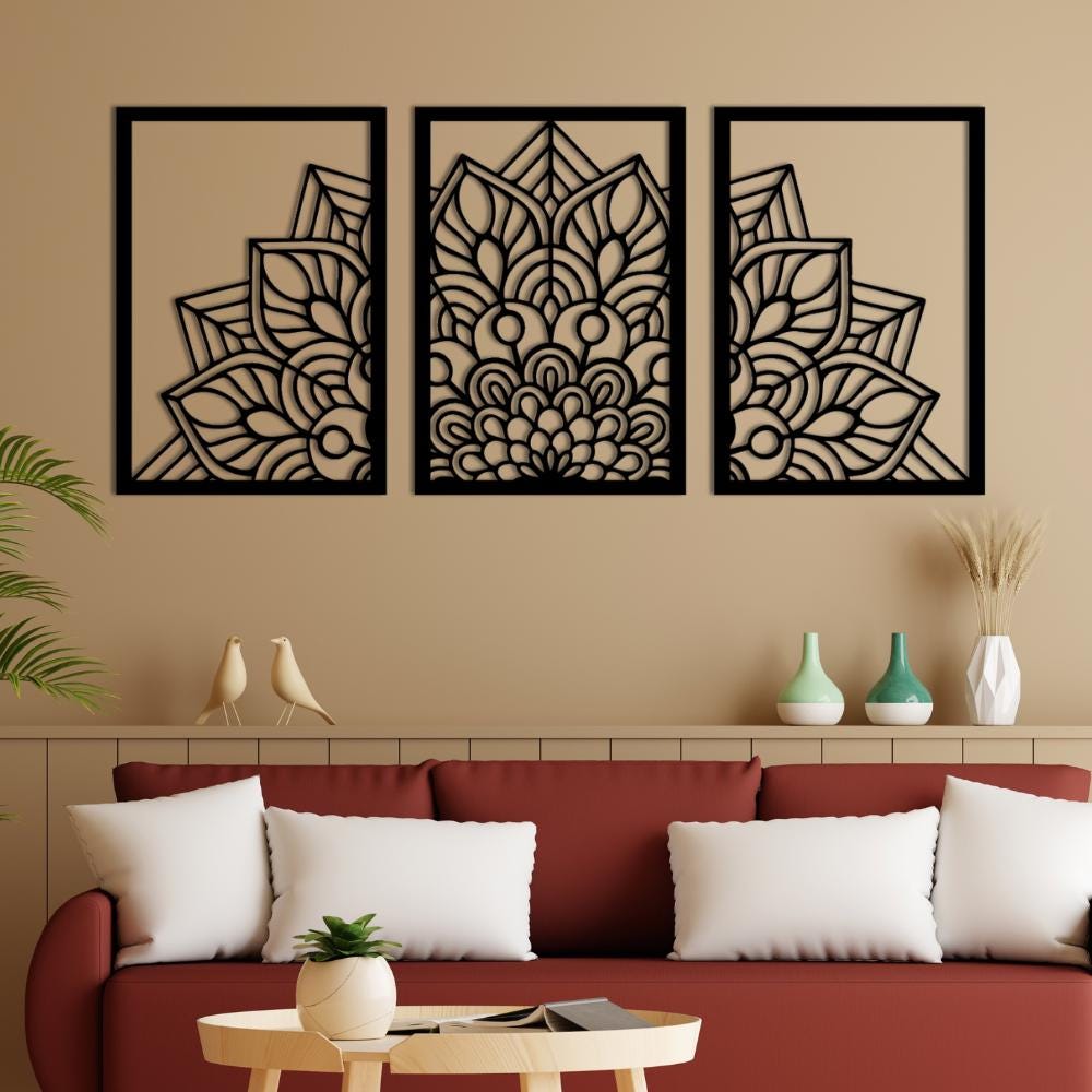 Set of 3 Floral Wood Wall Art Panels | Botanical Laser Cut Decor
