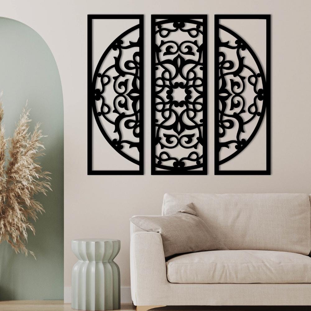 3 Piece Laser Cut Wooden Wall Art | Boho Nature Living Room Decor