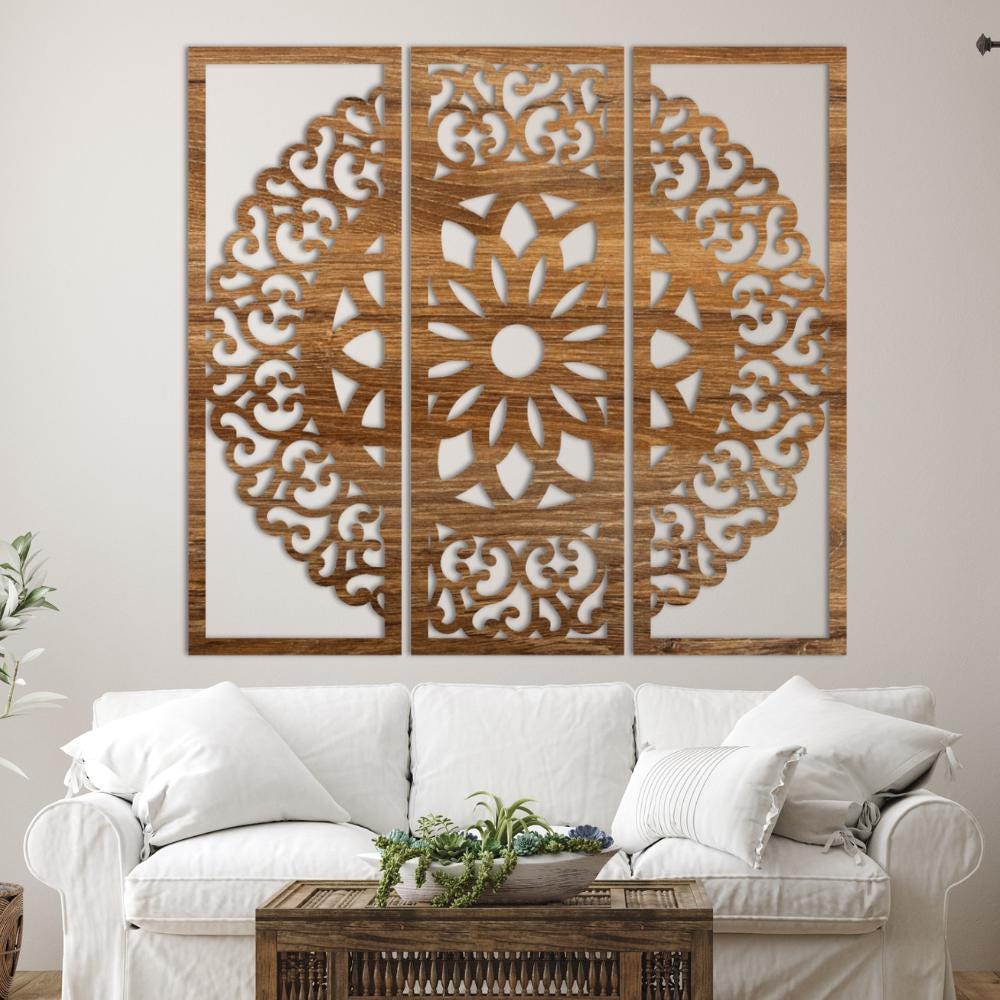 3 Piece Laser Cut Wood Wall Art | Boho Nature Living Room Decor