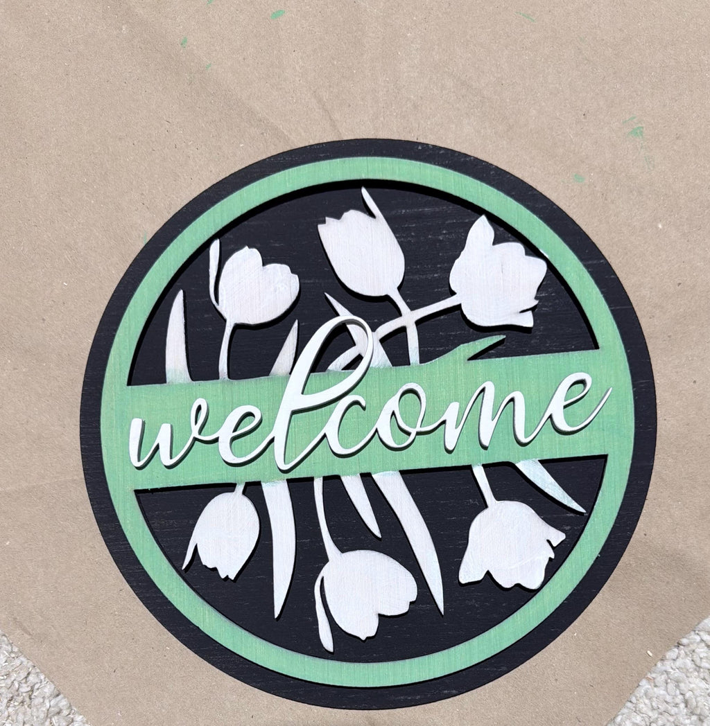 Personalized Tulip Welcome Door Sign | Laser Cut Wood Floral Decor