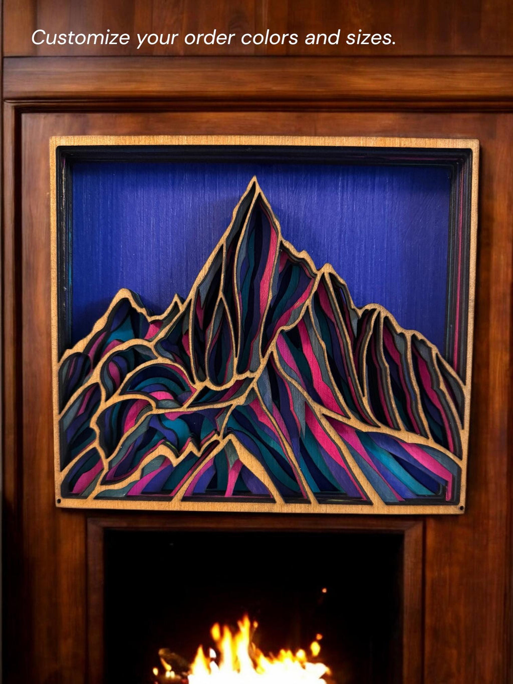 Layered Mountain Wood Wall Art, Hand-Painted 3D Laser Cut Decor, Rustic Cabin Home