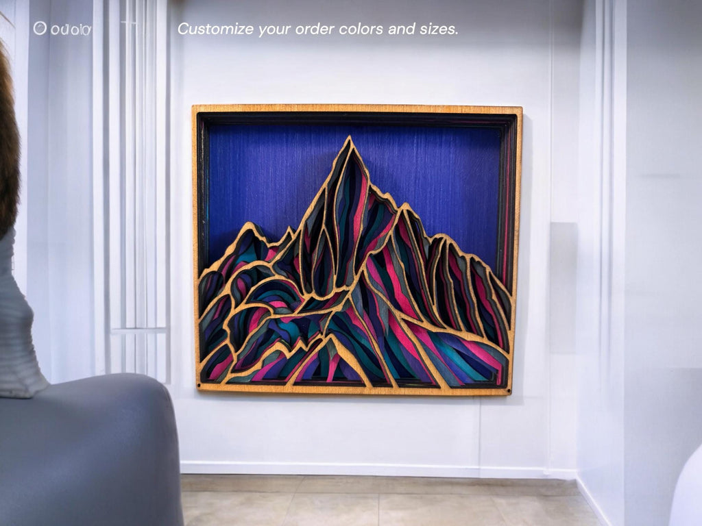 Layered Mountain Wood Wall Art, Hand-Painted 3D Laser Cut Decor, Rustic Cabin Home
