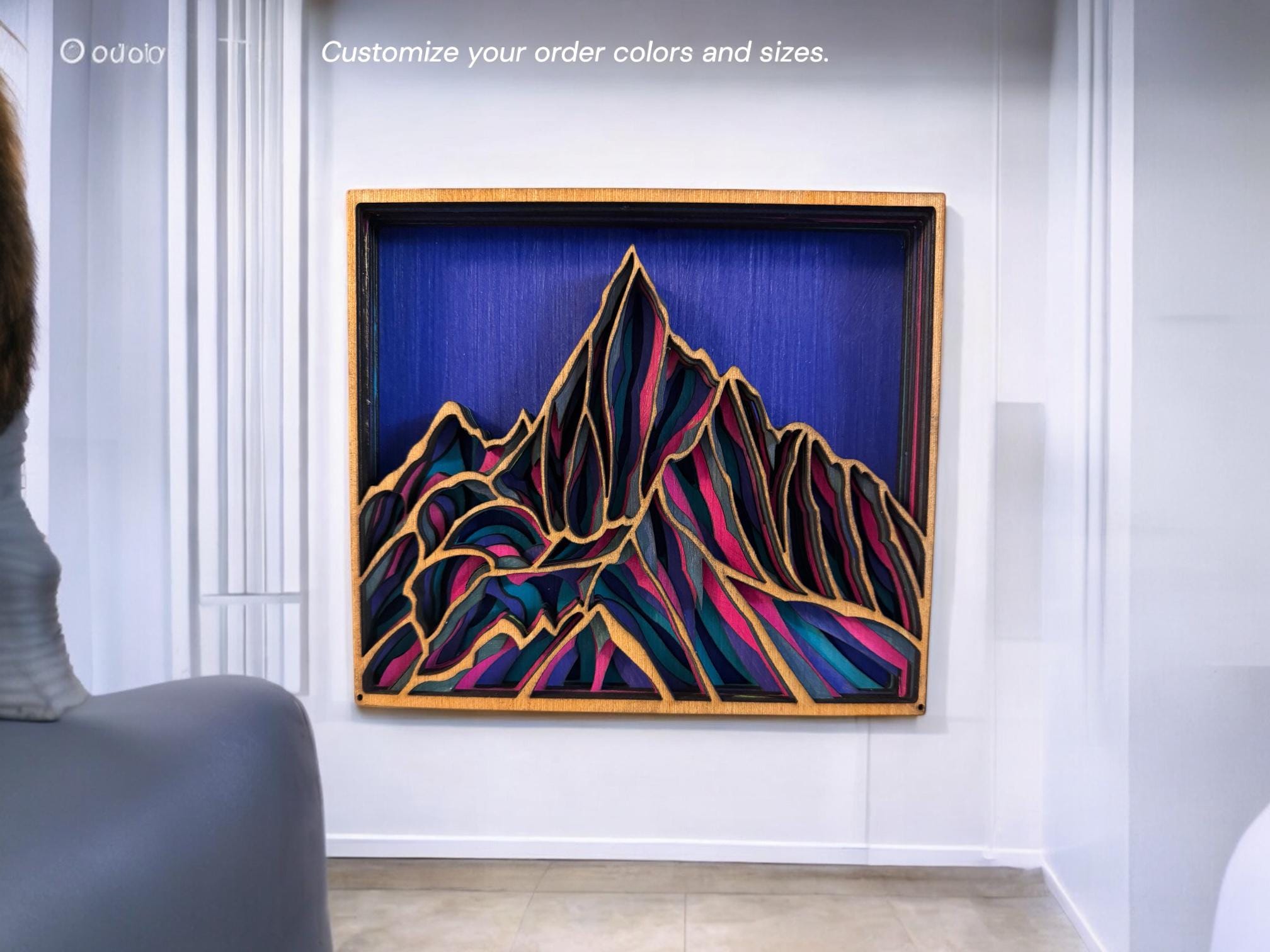 Layered Mountain Wood Wall Art, Hand-Painted 3D Laser Cut Decor, Rustic Cabin Home
