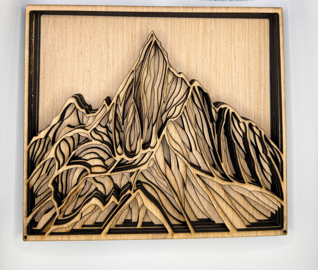 Layered Mountain Wood Wall Art, Hand-Painted 3D Laser Cut Decor, Rustic Cabin Home