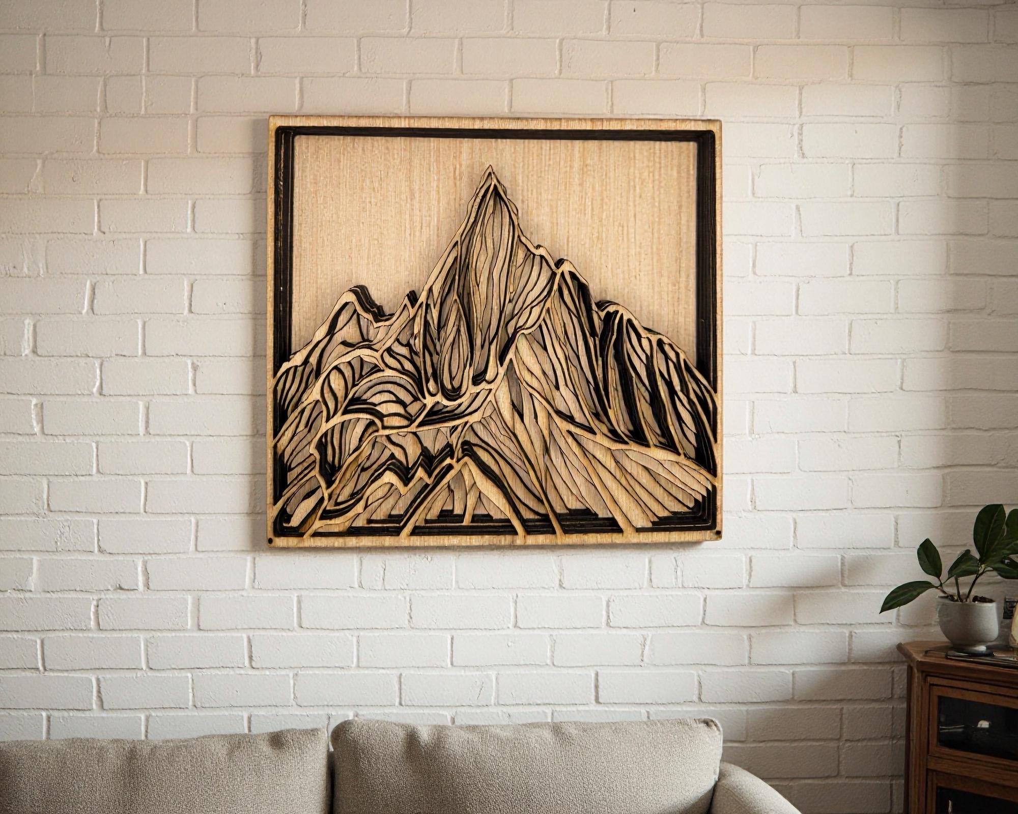 Layered Mountain Wood Wall Art, Hand-Painted 3D Laser Cut Decor, Rustic Cabin Home
