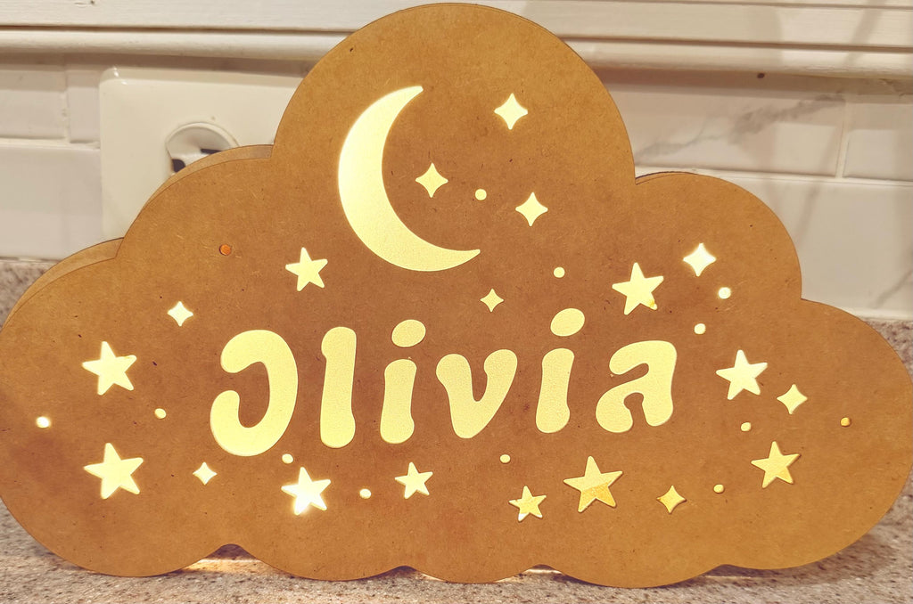 Personalized Cloud Name Night Light | Moon Star Nursery Lamp, Wooden Decor
