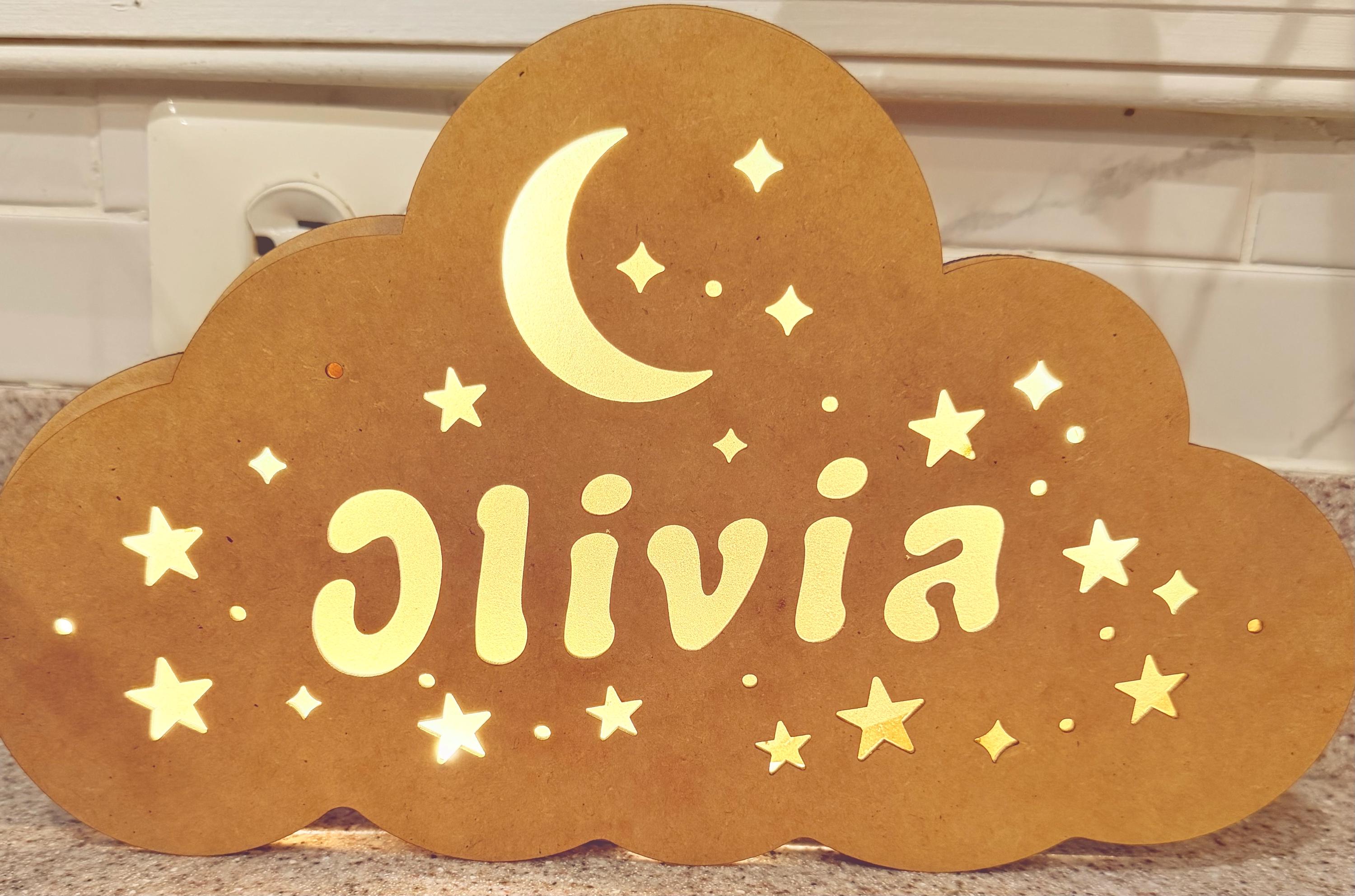 Personalized Cloud Name Night Light | Moon Star Nursery Lamp, Wooden Decor