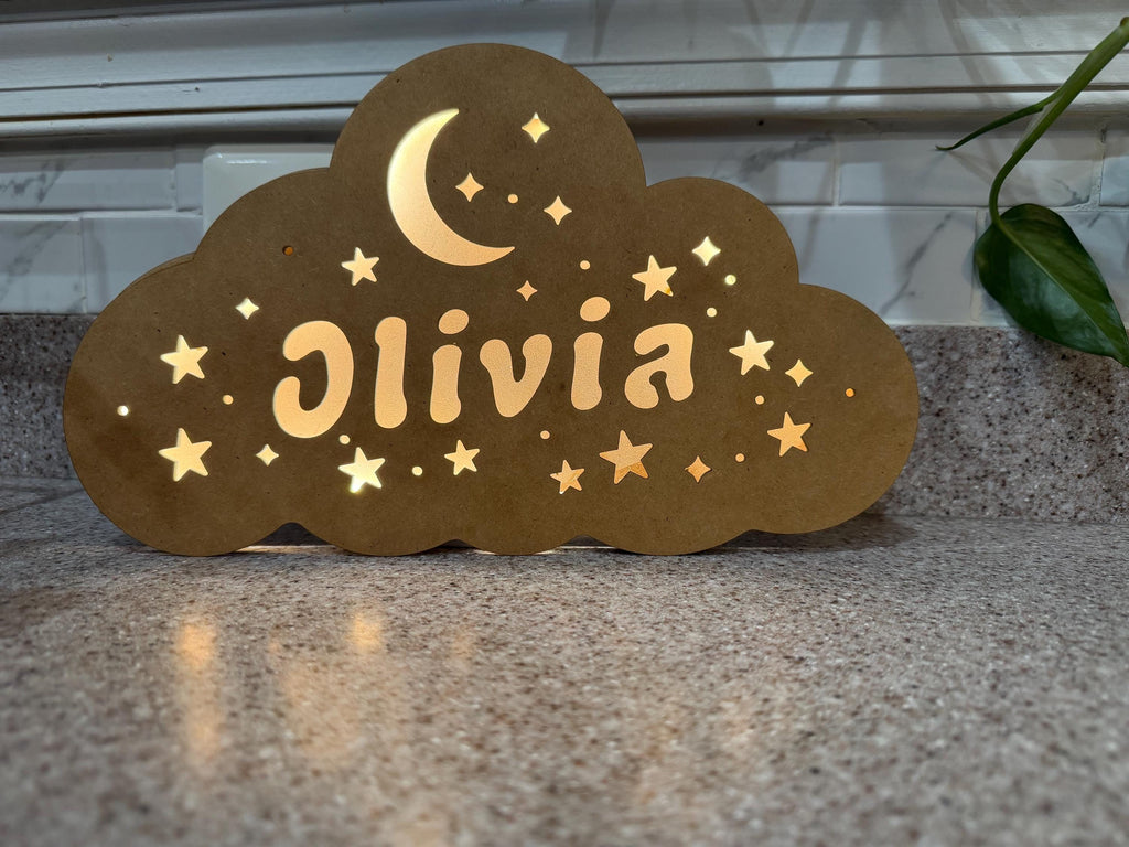 Personalized Cloud Name Night Light | Moon Star Nursery Lamp, Wooden Decor