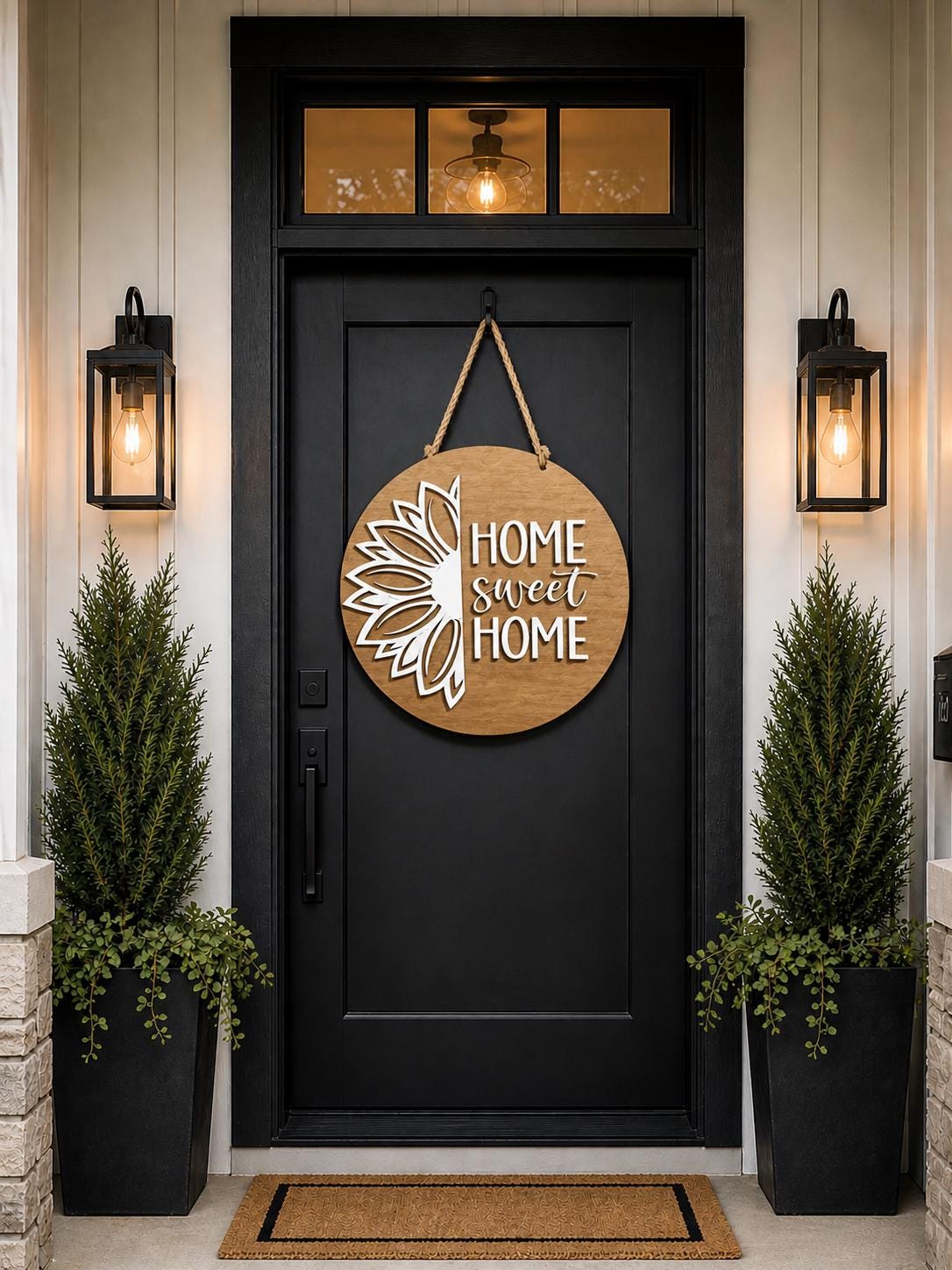 Round Wood Door Sign | Home Sweet Home | Black White Floral Farmhouse Decor