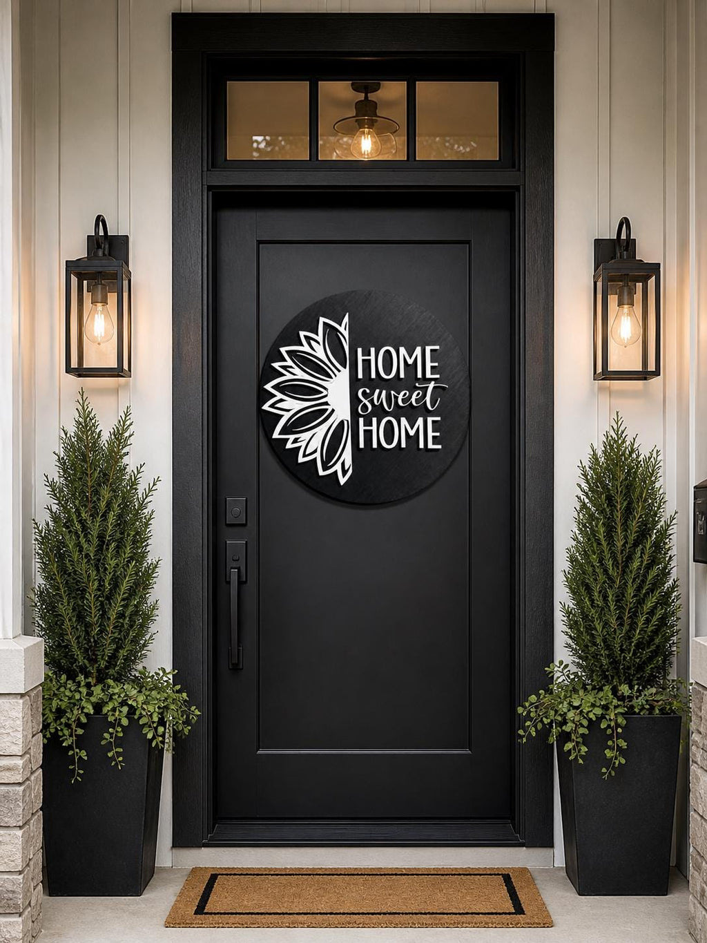 Round Wood Door Sign | Home Sweet Home | Black White Floral Farmhouse Decor