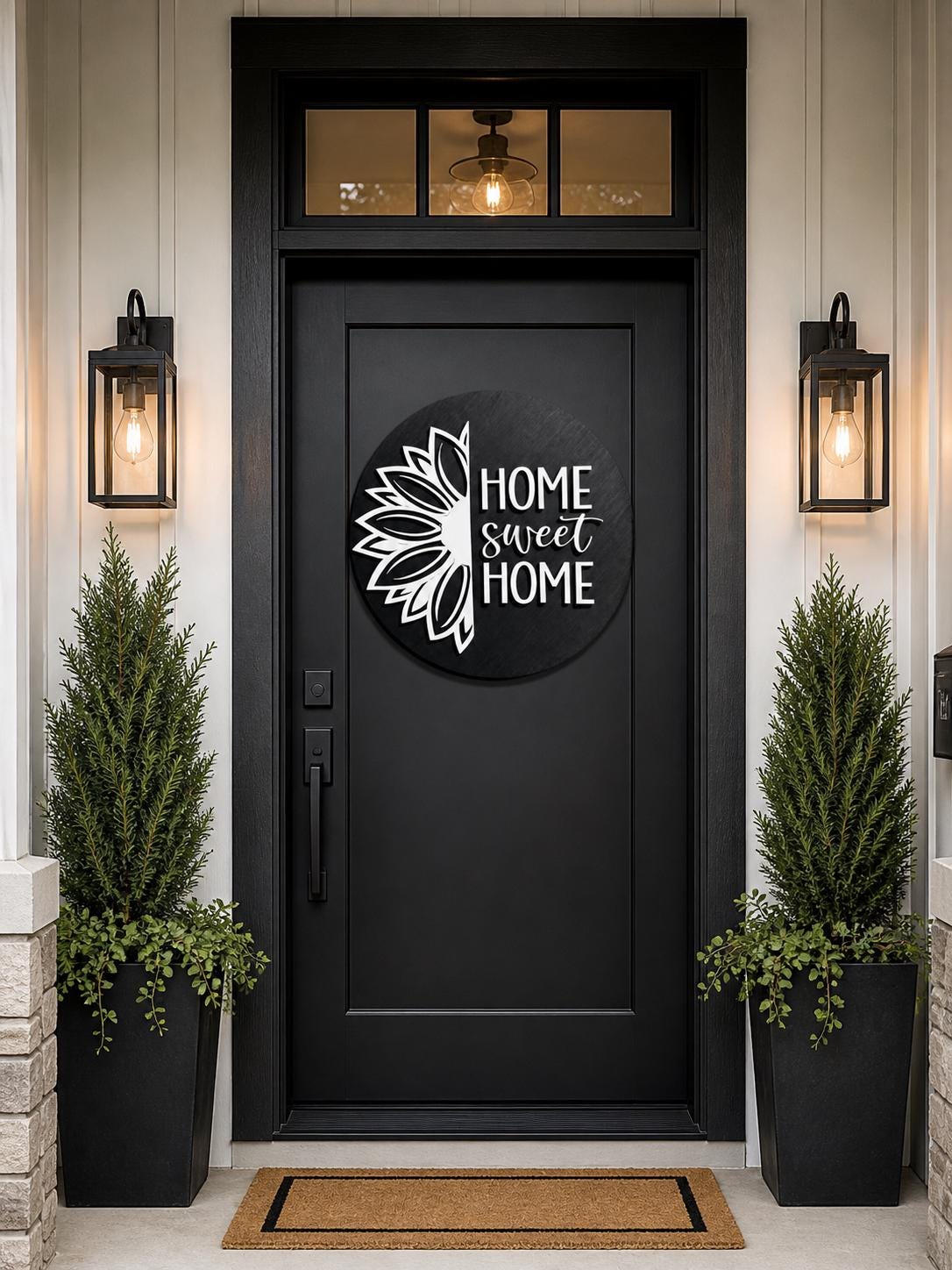 Round Wood Door Sign | Home Sweet Home | Black White Floral Farmhouse Decor