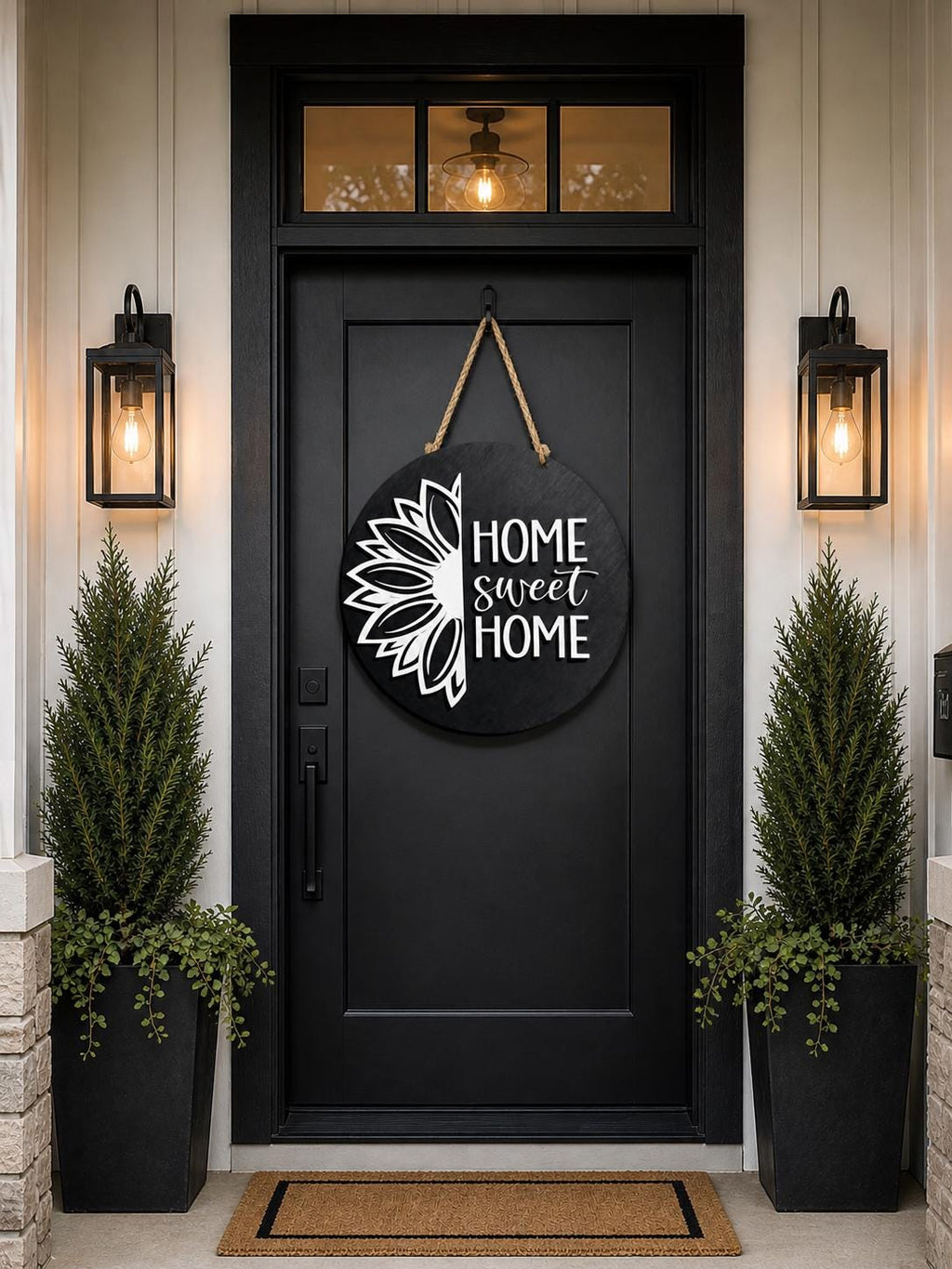 Round Wood Door Sign | Home Sweet Home | Black White Floral Farmhouse Decor