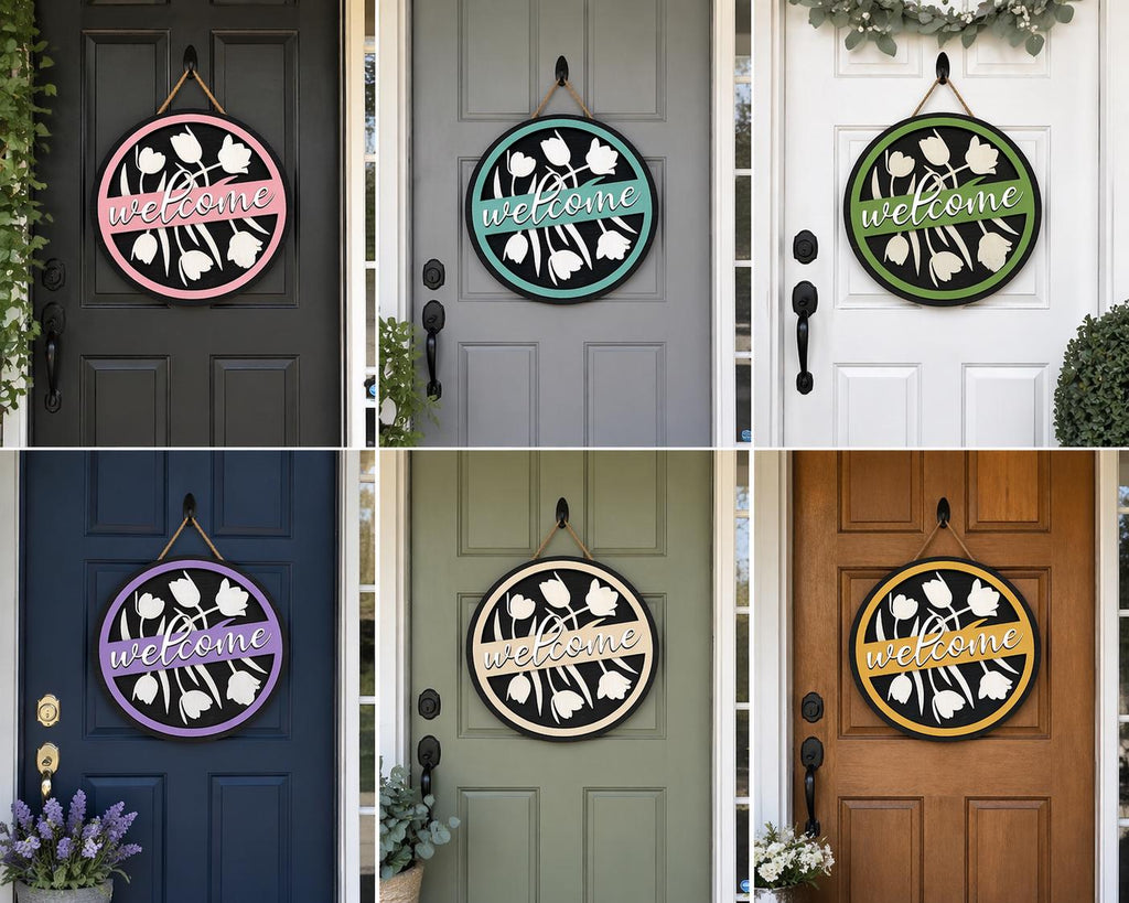 Personalized Tulip Welcome Door Sign | Laser Cut Wood Floral Decor