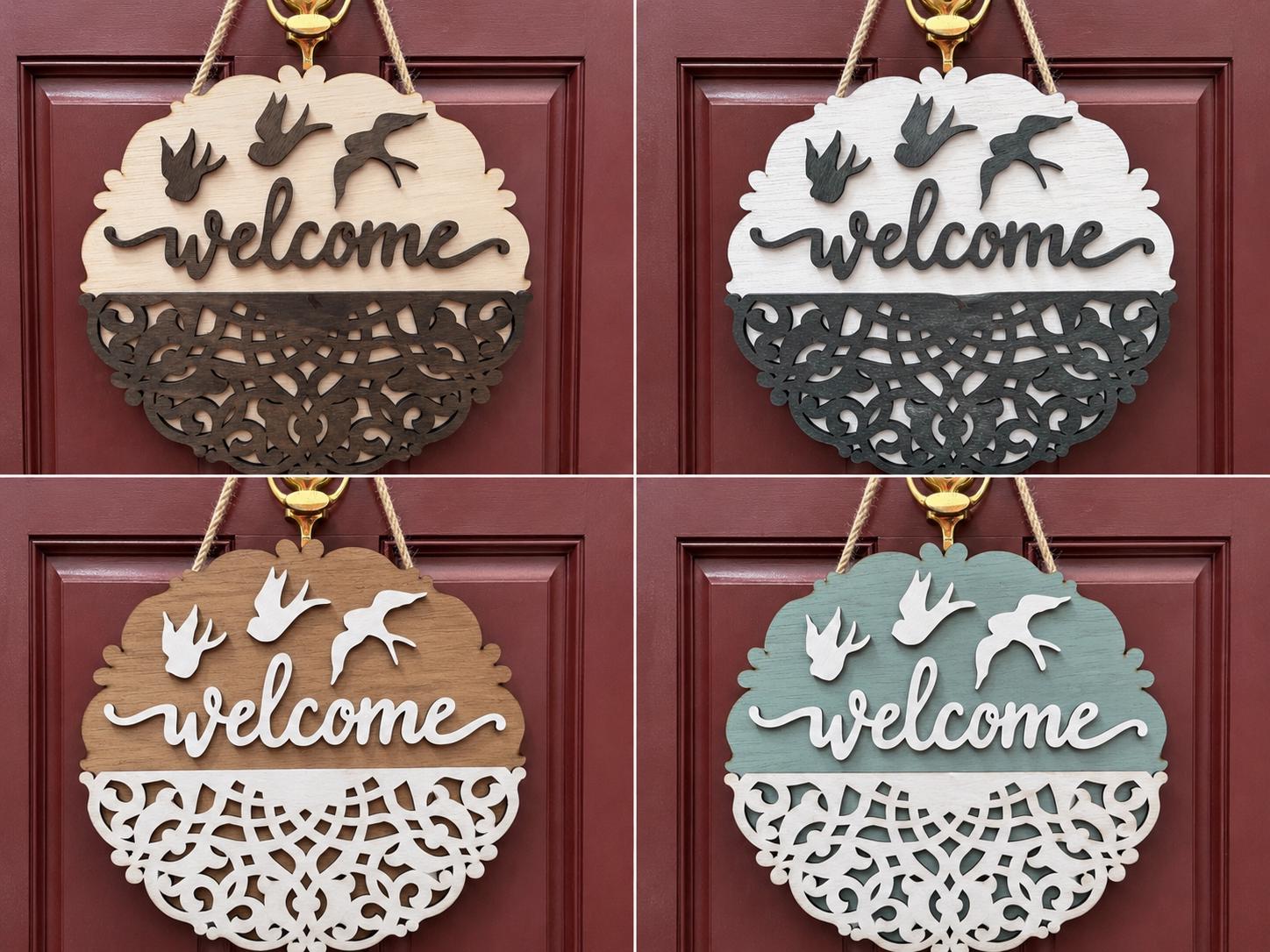 Layered Wooden Welcome Sign | Farmhouse Bird Door Decor, Rustic Porch Hanging