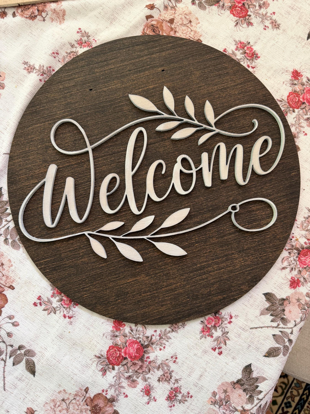 Personalized Laser Cut Wood Floral Welcome Door Sign | Farmhouse Entryway Decor
