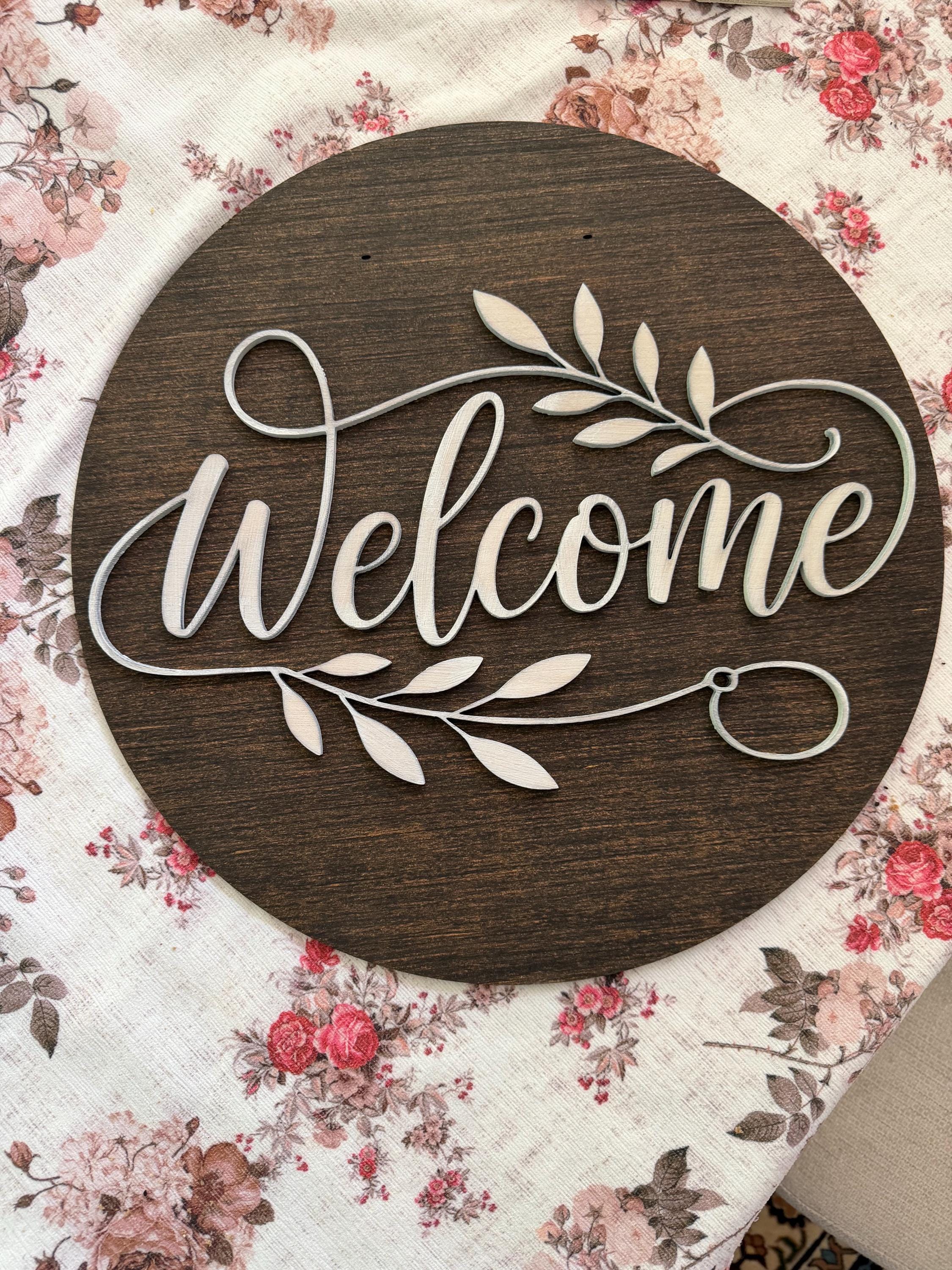 Personalized Laser Cut Wood Floral Welcome Door Sign | Farmhouse Entryway Decor