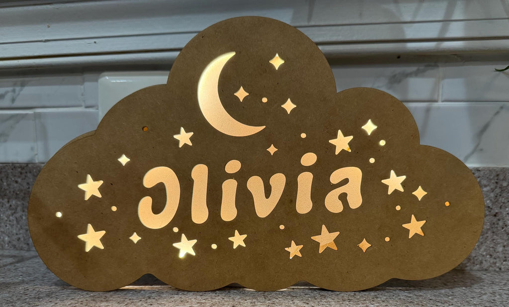 Personalized Cloud Name Night Light | Moon Star Nursery Lamp, Wooden Decor