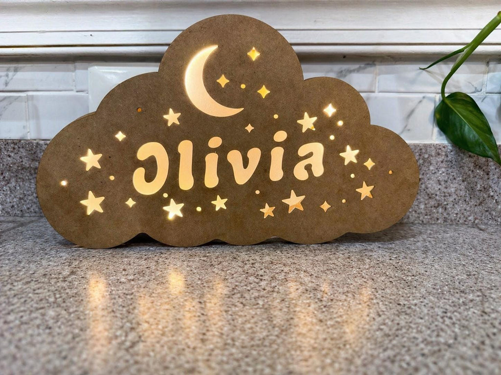 Personalized Cloud Name Night Light | Moon Star Nursery Lamp, Wooden Decor