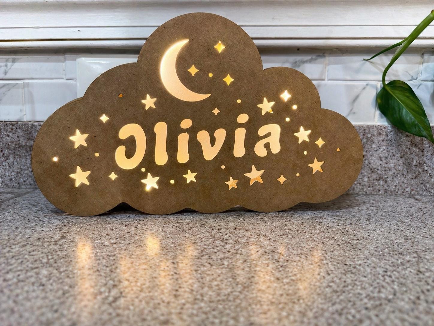 Personalized Cloud Name Night Light | Moon Star Nursery Lamp, Wooden Decor