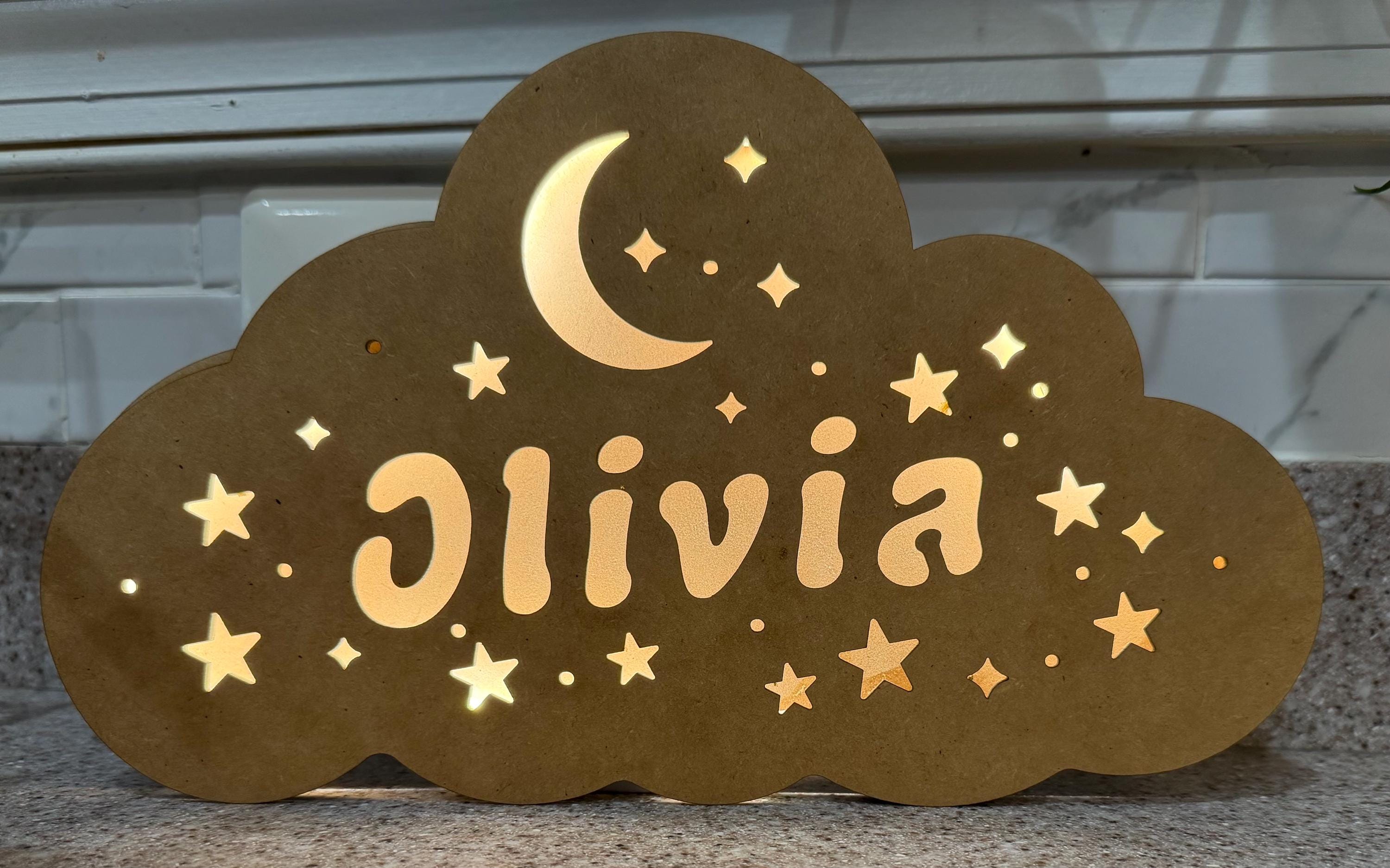 Personalized Cloud Name Night Light | Moon Star Nursery Lamp, Wooden Decor