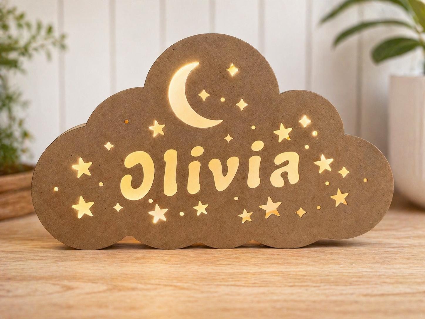 Personalized Cloud Name Night Light | Moon Star Nursery Lamp, Wooden Decor