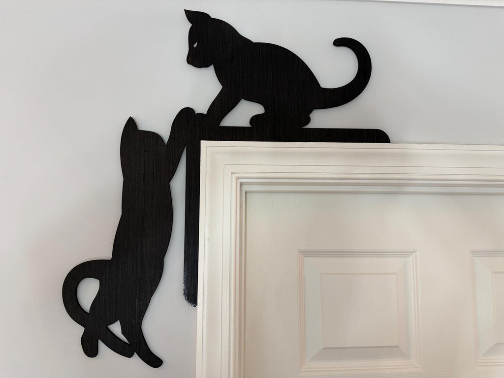 Wooden Climbing Cat Door Frame Decor | Silhouette Wall Art Set