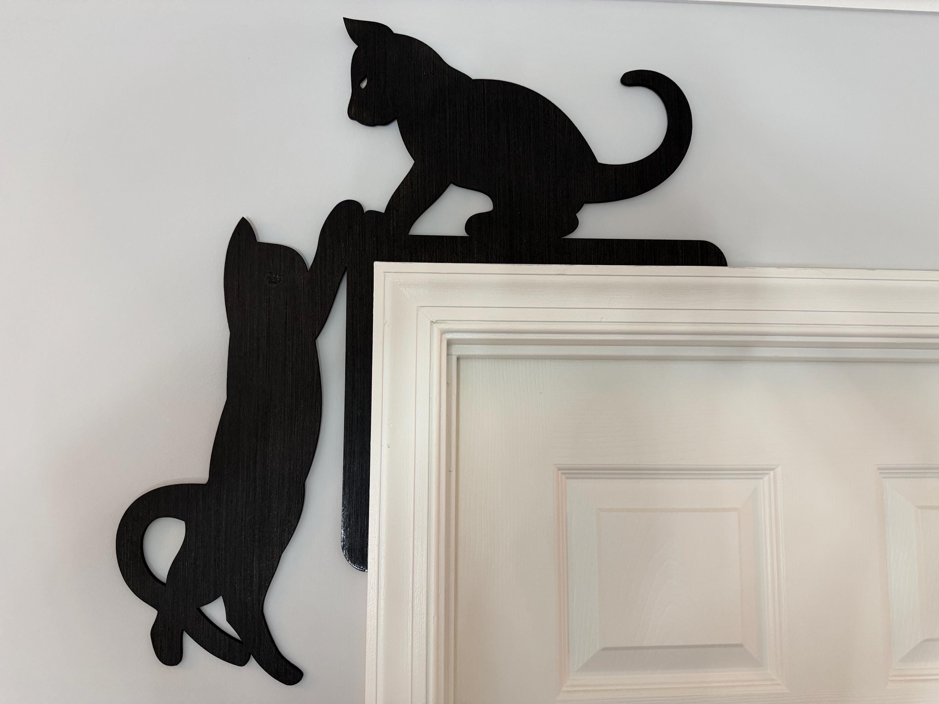 Wooden Climbing Cat Door Frame Decor | Silhouette Wall Art Set