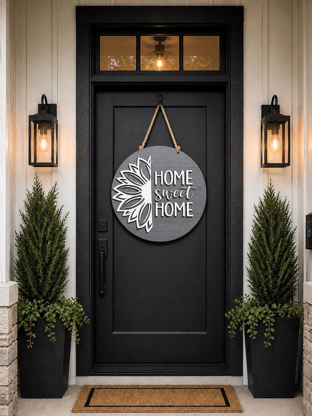 Round Wood Door Sign | Home Sweet Home | Black White Floral Farmhouse Decor
