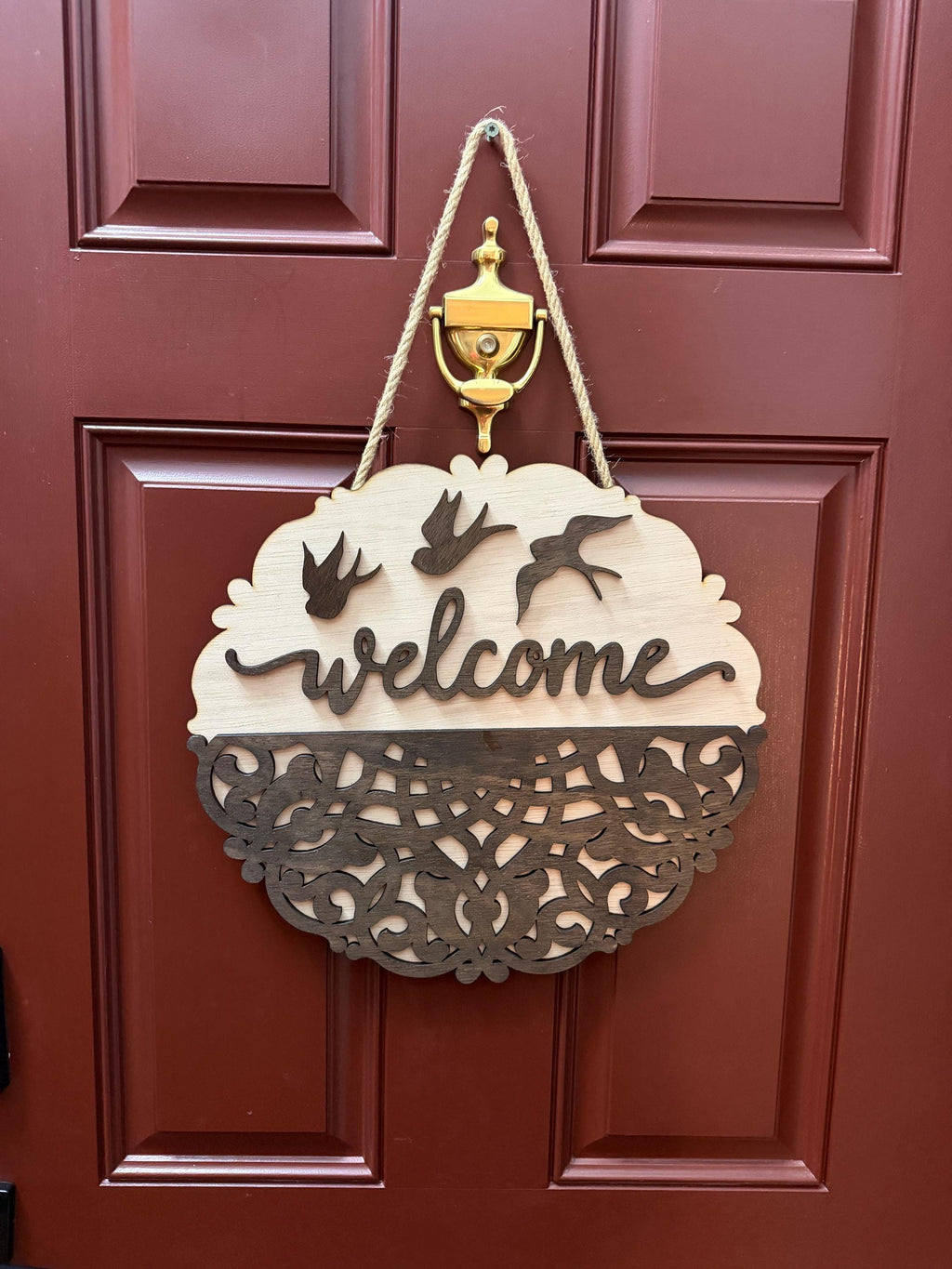 Layered Wooden Welcome Sign | Farmhouse Bird Door Decor, Rustic Porch Hanging