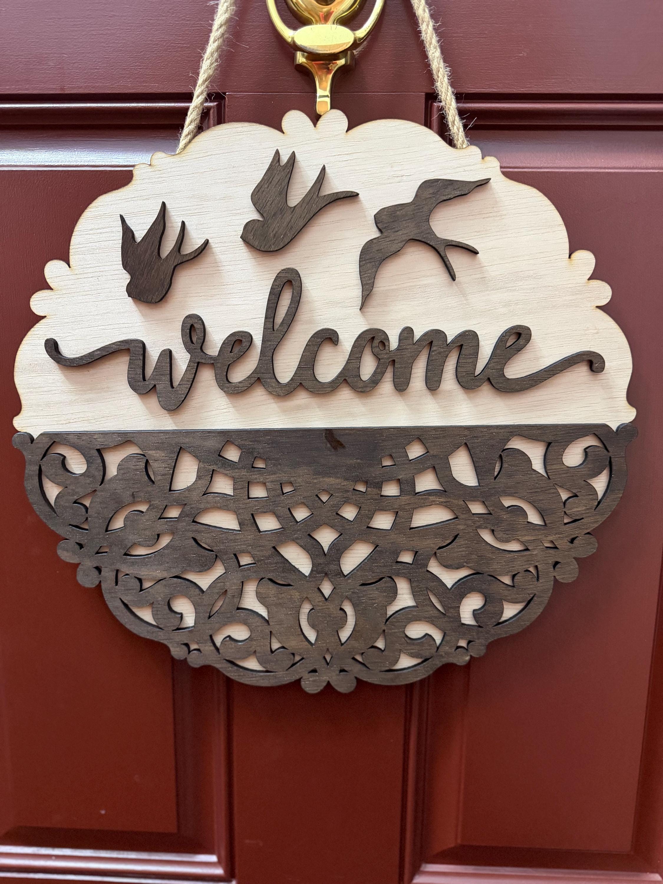 Layered Wooden Welcome Sign | Farmhouse Bird Door Decor, Rustic Porch Hanging