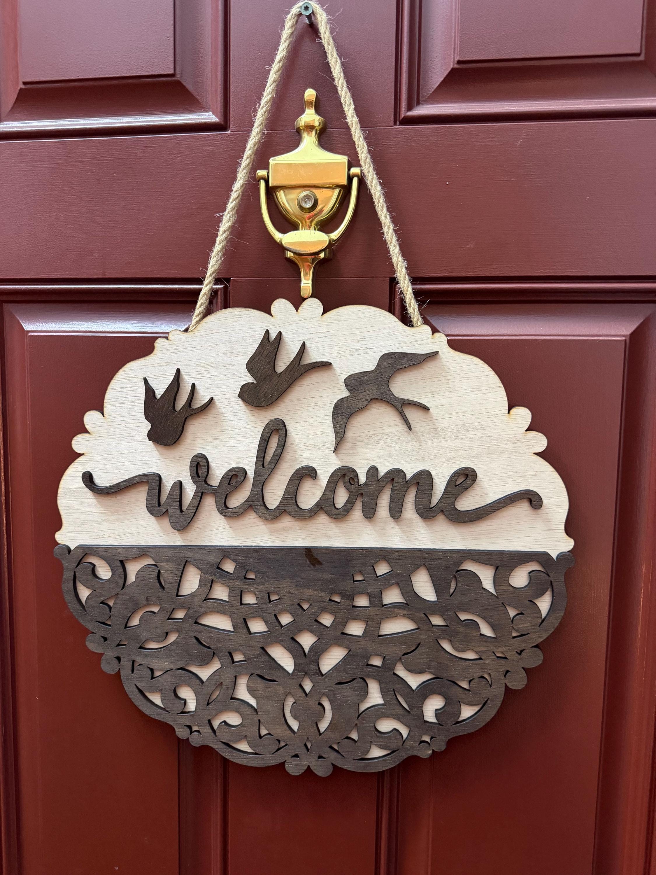 Layered Wooden Welcome Sign | Farmhouse Bird Door Decor, Rustic Porch Hanging