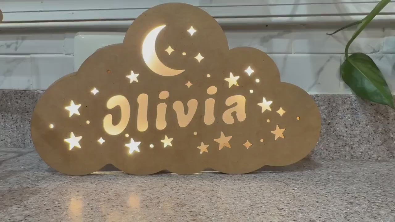 Personalized Cloud Name Night Light | Moon Star Nursery Lamp, Wooden Decor