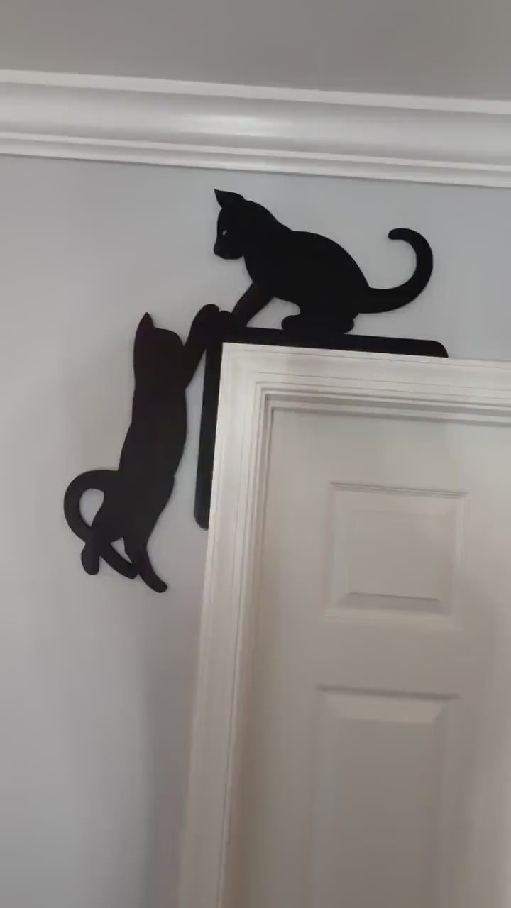 Wooden Climbing Cat Door Frame Decor | Silhouette Wall Art Set