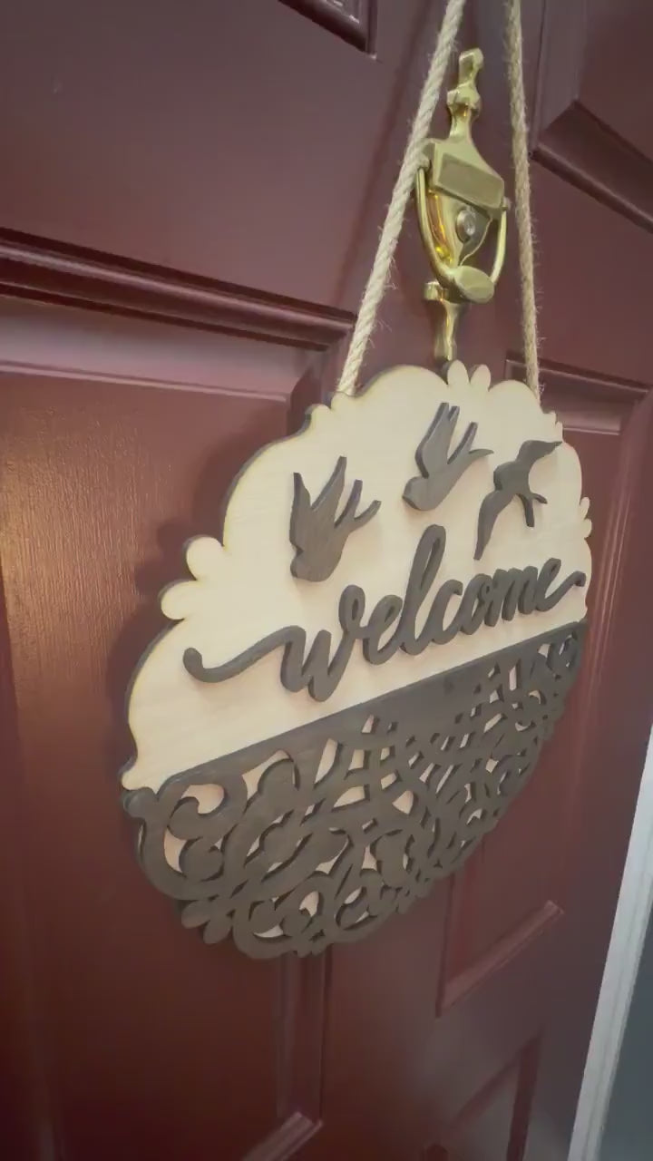 Layered Wooden Welcome Sign | Farmhouse Bird Door Decor, Rustic Porch Hanging